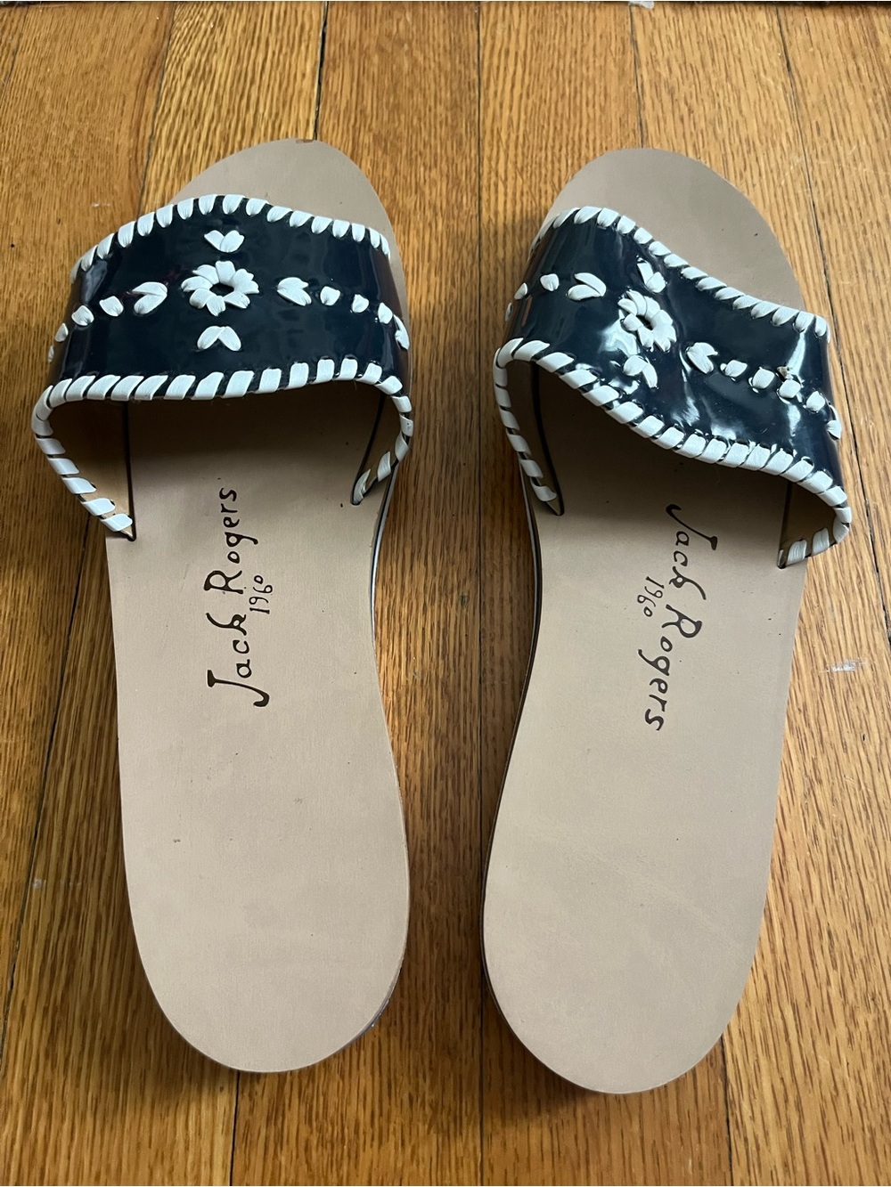 Jack Rogers Navy and White Leather Slide Sandals - Picture 2 of 5